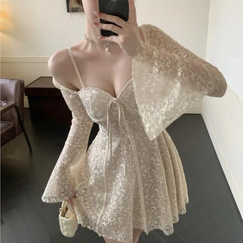 Lace Mini Dresses for Flare Sleeve Square Collar Corset Slim A-line Wedding Birthday Party Dress Y2k Prom Vestidos