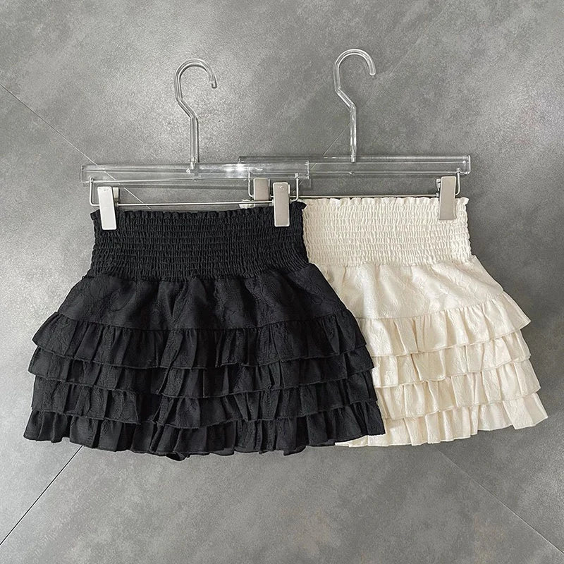 Y2k Ruffles Mini Skirts Sweet Kawaii High Waist Lace a Line Skirt Summer Korean Black Ball Gown Skirts