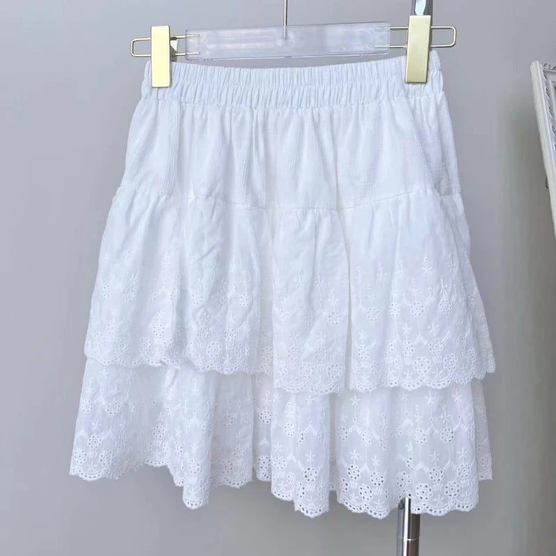 Korean Sweet Hook Flower Hollow Cake Skirt Summer New High Waist Color All Match Lace Aline Skirt