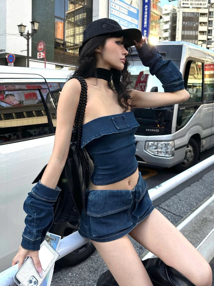 American Retro Denim Strapless Backless Y2k Crop Top Lowwaisted Cargo Shorts 3 Piece Sets Outifits
