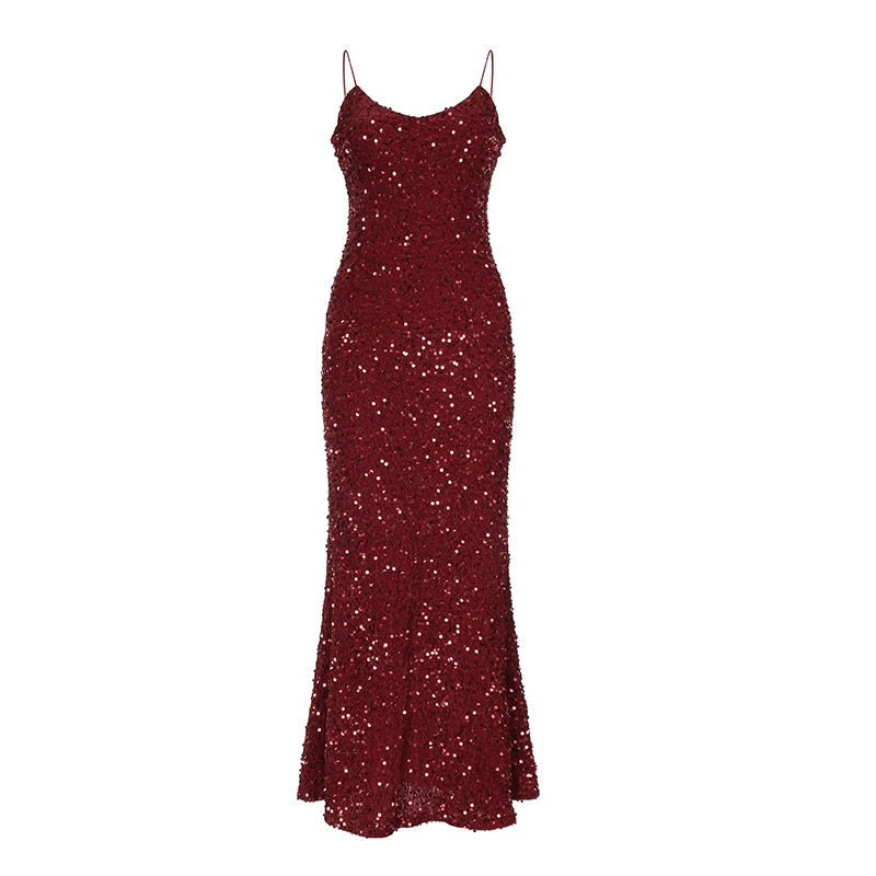 Sequined Velvet Mermaid Long Dress Party Evening Clubwear Korean Style Vneck Sleeveless Maxi Dresses New