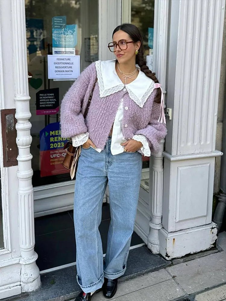 Color Simple Knitted Cardigan Loose Round Neck Single Breasted Sweater Retro Tops Short Sweaters