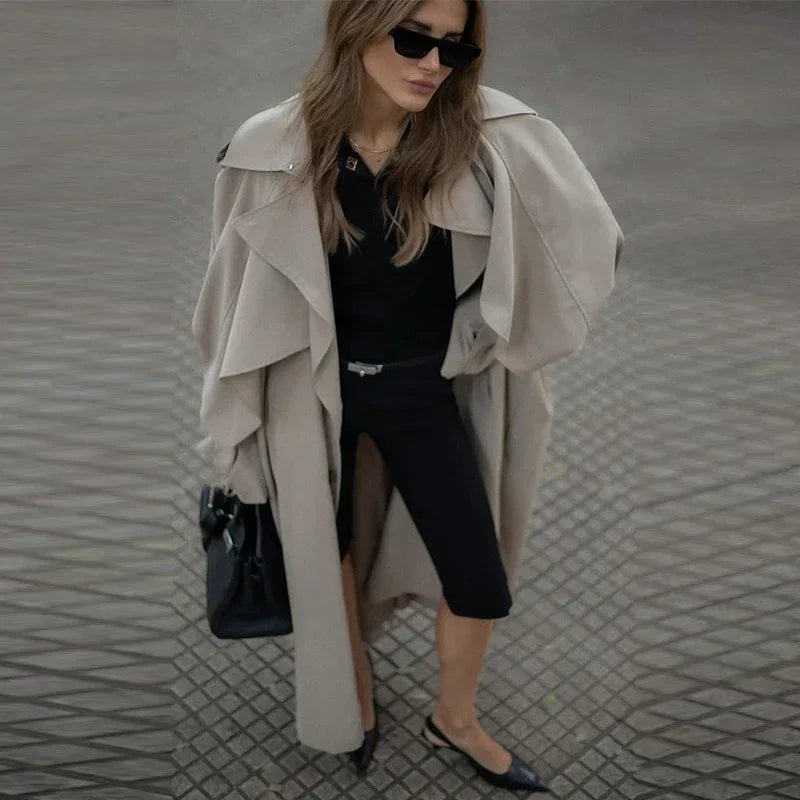 Trench Coat Lace Up Turn-down Collar Lady Long Jackets Autumn Winter Female Street Outwear New