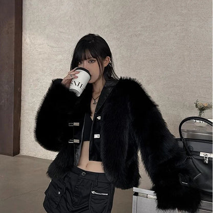 Y2k Cropped Faux Fur Coat Korean Black Quilted Fluffy Jacket Winter Long Sleeve Furry Outerwear New