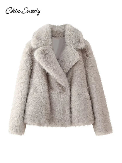 Fluffy Faux Fur Coat Loose Lapel Plush Long Sleeve Buckle Thick Jacket Autumn Winter Warm Overcoat New