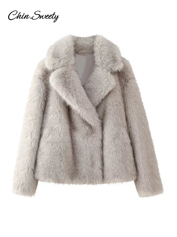 Fluffy Faux Fur Coat Loose Lapel Plush Long Sleeve Buckle Thick Jacket Autumn Winter Warm Overcoat New