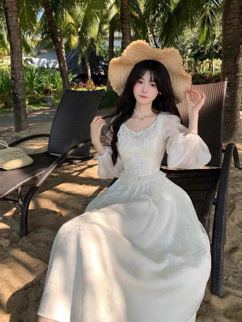 Puff Sleeves Lace Up Midi Dress Summer Medieval Retro Evening Party Prom Onepiece Clothing