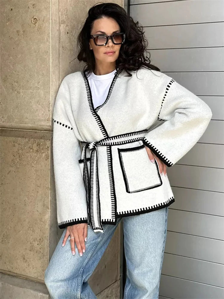 Knit Contrast Cardigan Sweater for Lace-up Pocket Long Sleeve Patchwork Loose Coat Autumn Knitwear ’s Outwear