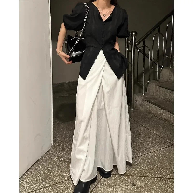 Color Pleated Midlength Skirt Summer New Korean High Waist Loose All Match Aline Skirt