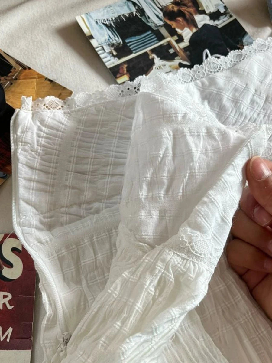 White Lace Trim Sweet Mini Skirts Summer Folds Texture High Waist Aline Short Faldas Balletcore Skirt