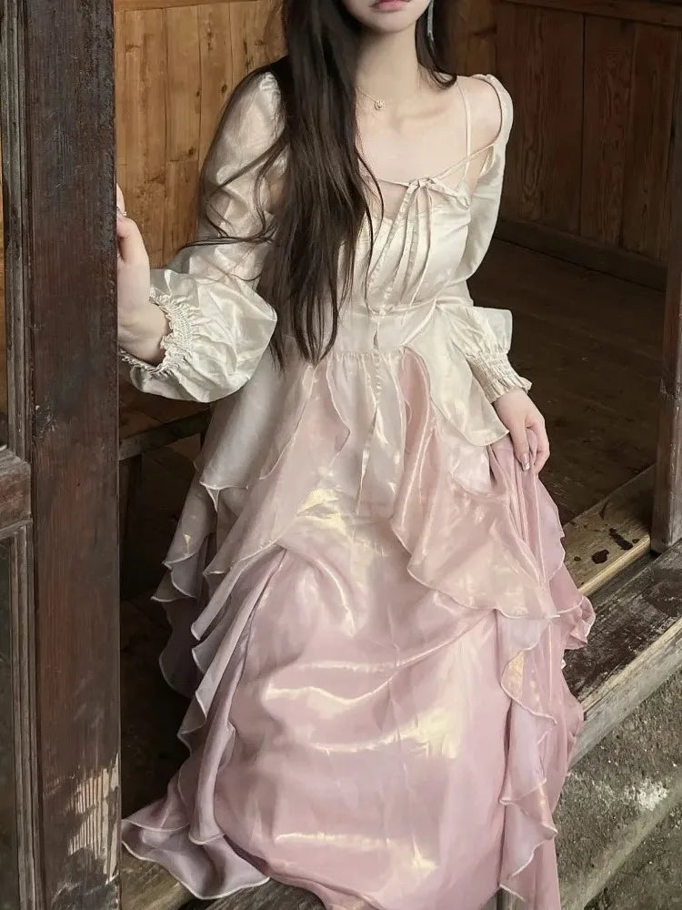 Summer French Evening Party Midi Dress Pink Korean Style Sweet Dress Female Bubble Sleeve Fairy Dress