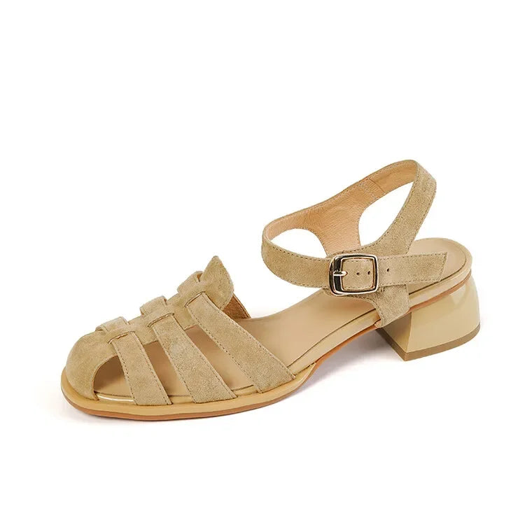 New Summer Sandals Sheep Suede Leather Shoes for Round Toe Chunky Heel Shoes Cover Toe Sandals Gladiator Shoes