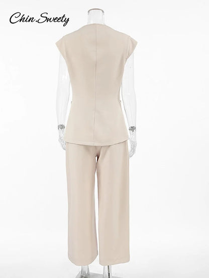 Waistcoat Pants Set for 2 Pieces Single Breasted Tank Wide Leg Trousers Spring Summer Lady Commute Outfits