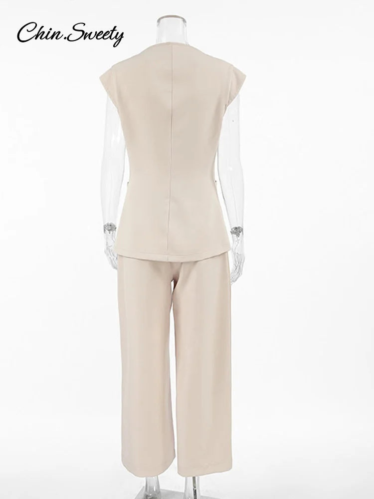 Waistcoat Pants Set for 2 Pieces Single Breasted Tank Wide Leg Trousers Spring Summer Lady Commute Outfits