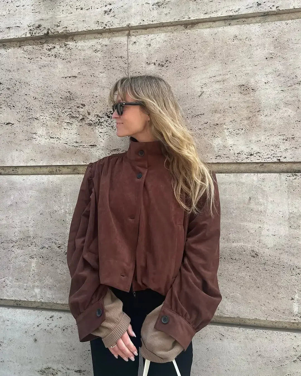 Retro Brown Suede Short Jacket Stand Collar Full Sleeves Single Breasteds Loose Coats Autumn Lady Street Wear
