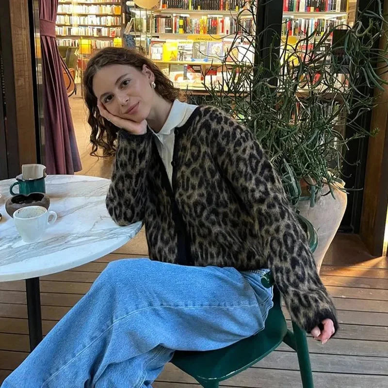 Leopard Print Knitted Mohair Cardigans O Neck Single Breasted Short Sweater Autumn New Lady