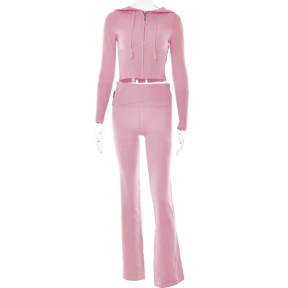 Knitted 2 Piece Sets Tracksuit Long Sleeve Zipper Hooded Sweater Crop Top Flare Pants Stretch Matching Suit Outfit