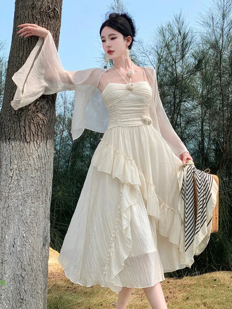 Ruffles Fairy Midi Dresses Summer Folds Birthday Evening Party Vestidos Korean Sweet Spaghetti Straps Dress