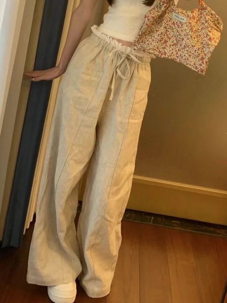 Korean Style Patchwork Wide Leg Pants Sweet Lace Loose Trousers Design Summer