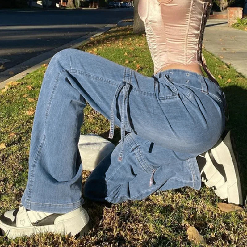 Y2k Street Retro Jeans Midiwaist Belt Drawstring Straight Pants Patchwork Style