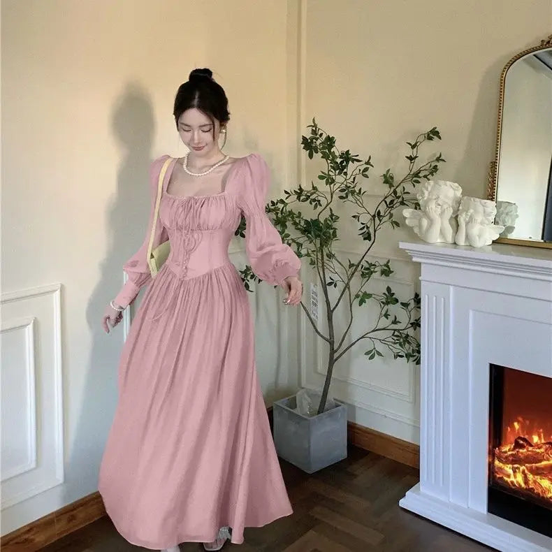 French Lantern Sleeve Lace Up Midi Dress Spring and Summer Square Neck Evening Party Prom Robe Dress
