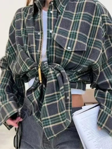 Summer Oversized Plaid Shirt Long Sleeve Loose Fit Blouse Autumn Female Office Shirt Tops for Woman