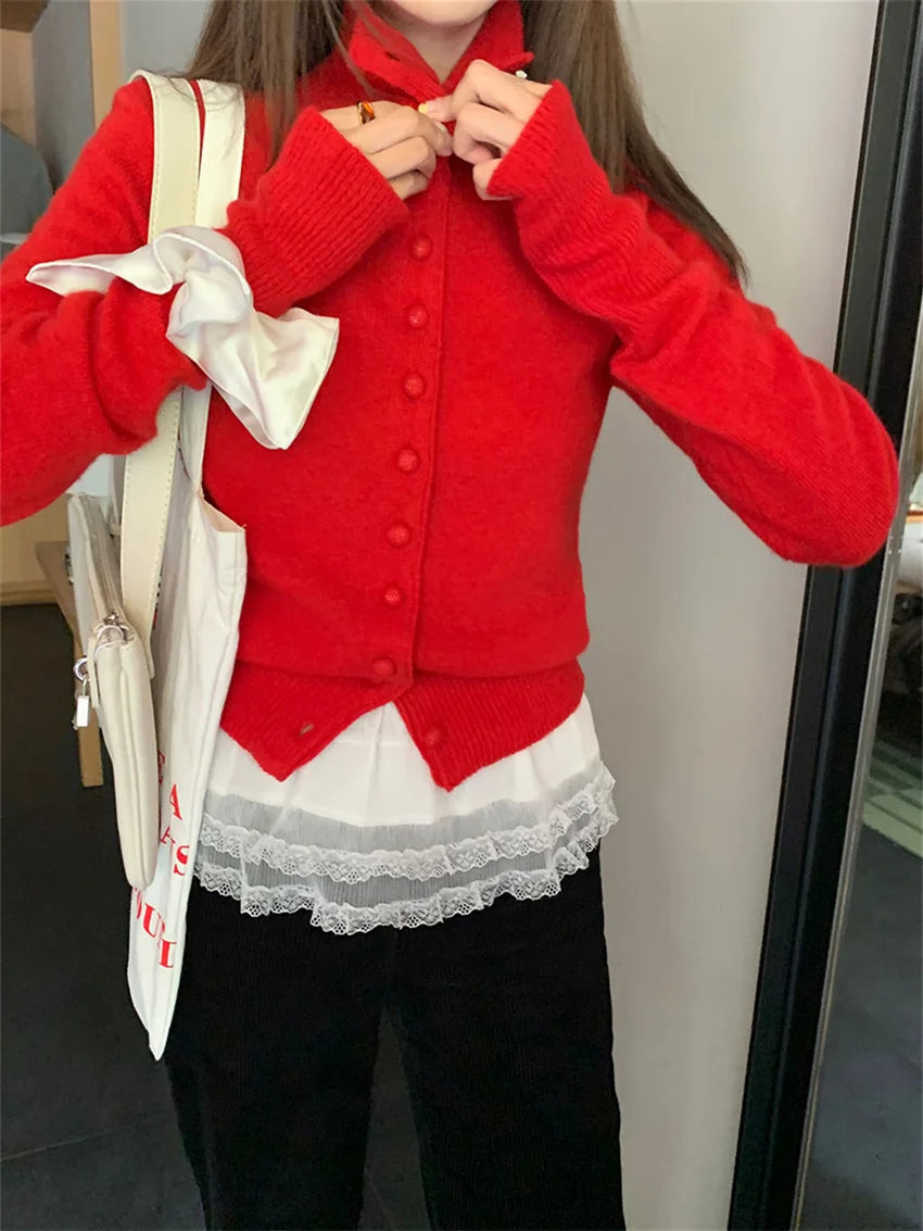 Red Sweaters Knitted Loose Daily All Match Autumn Cardigans New Gentle Sweet
