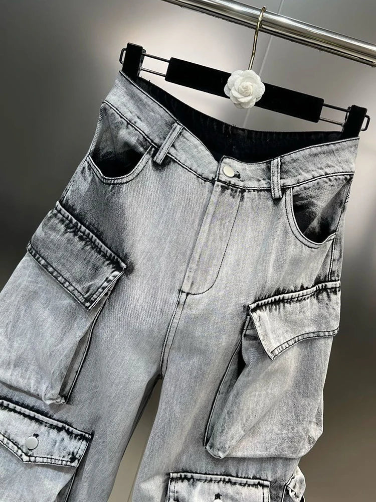 Gradient Multiple Pockets Design Jeans Single Button High Waist Denim Pants Autumn Female New
