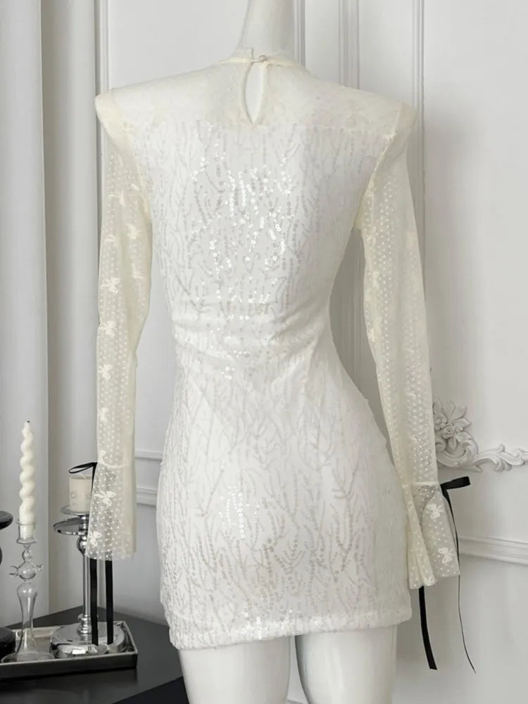 French Mesh Patchwork Mini Dress for Sweet Bow Laceup Long Sleeve Birthday Party Dresses Slim Waist Vestidos New