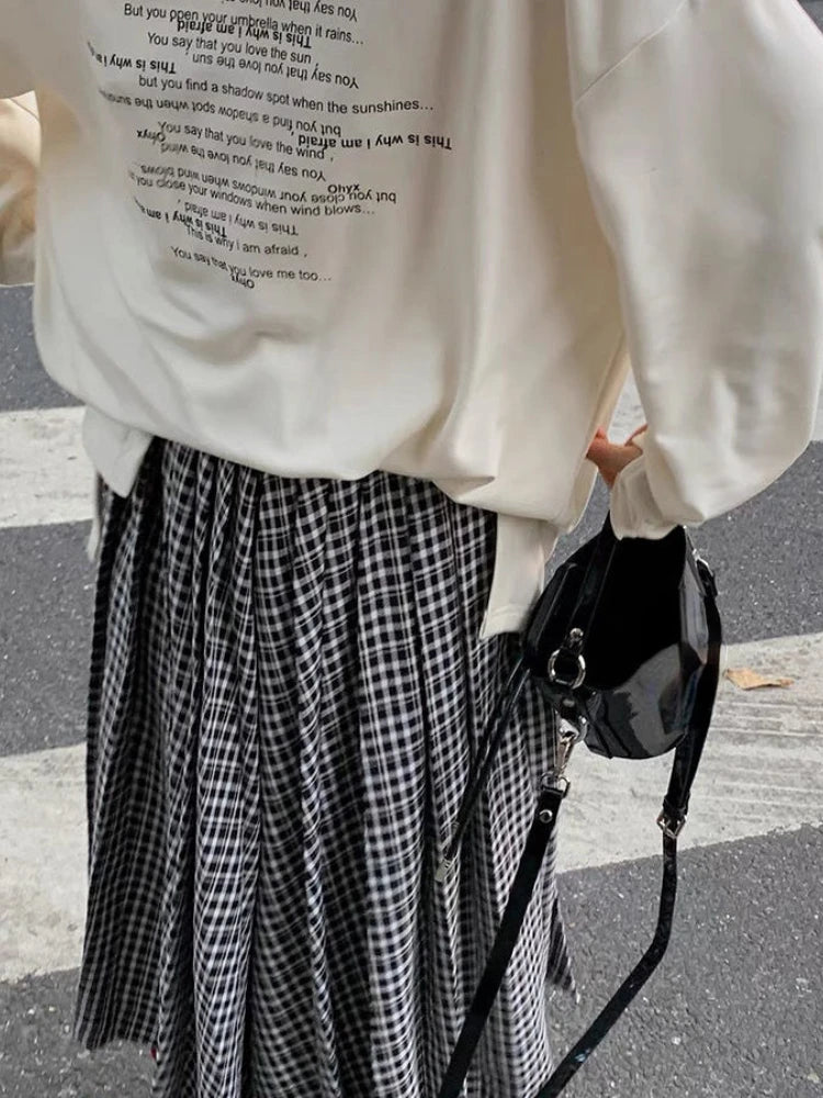 Large Plaid Skirts for Woman Autumn New Design Pleated Skirt Korean Faldas Long Elastic Waist Skirts
