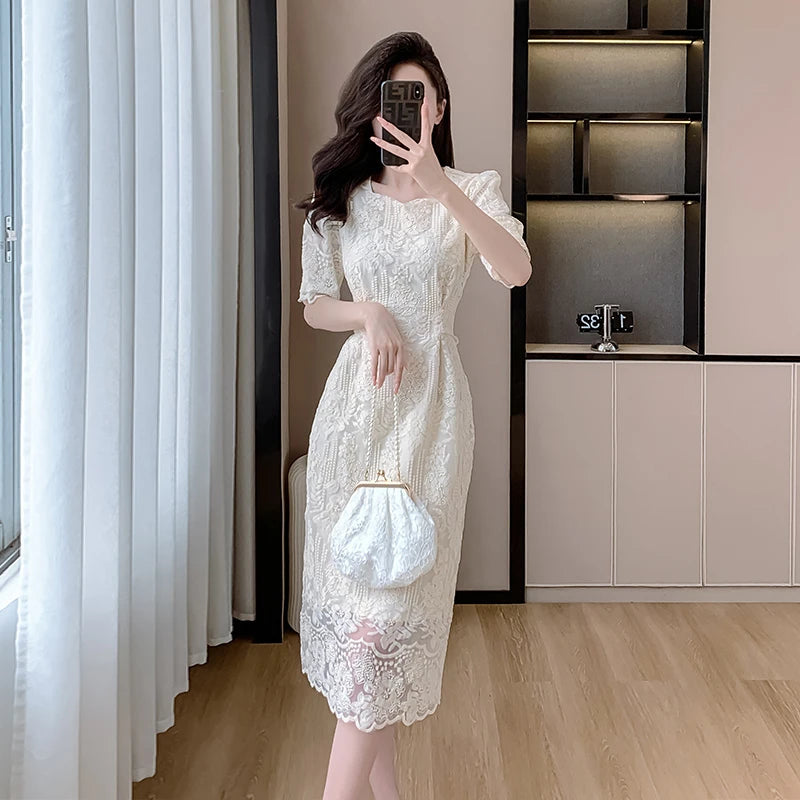 Summer White Lace Hook Flower Hollow Midi Dress Party Evening Dress Korean Festival Dress