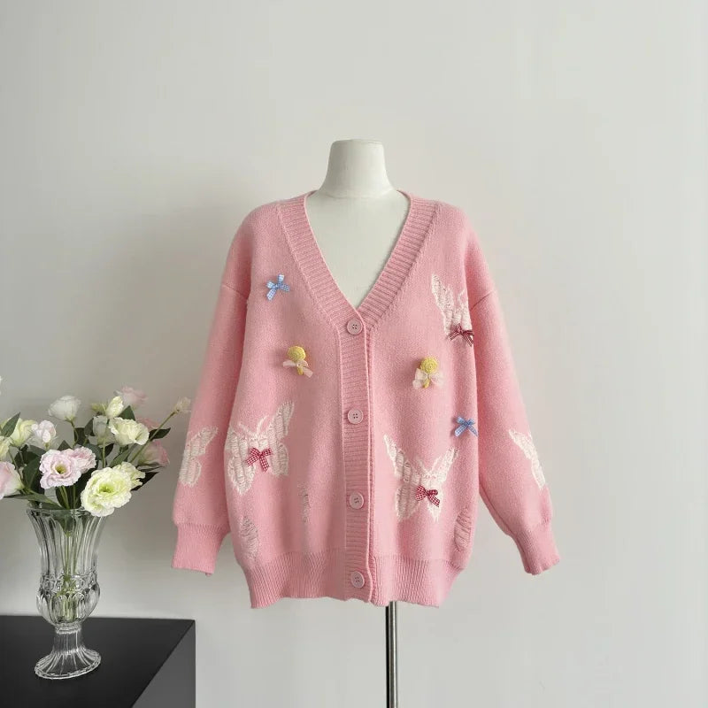 Sweet Hot Girl College Style Bow Tie Sweater Jacket Autumn and Winter Loose Knitted Cardigan Female Clothes