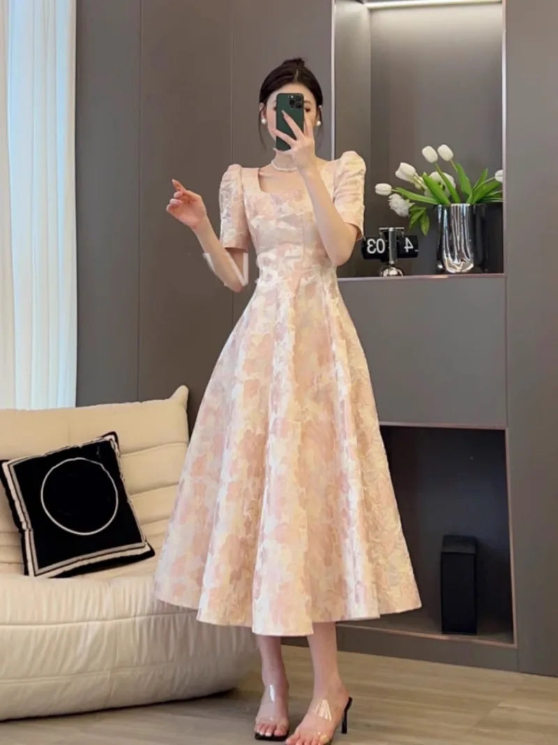 New Bubble Sleeve Pink Waist Cinching Summer Printing Gentle French Slimming Temperament Long Dresses