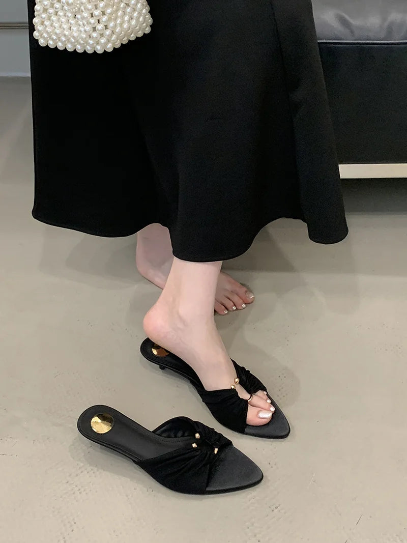 Pleated Silk Hollow Out Metal Buckle Slippers Sandal Summer Pointed Toe Low Thin Heels Beach Party Female Shoes