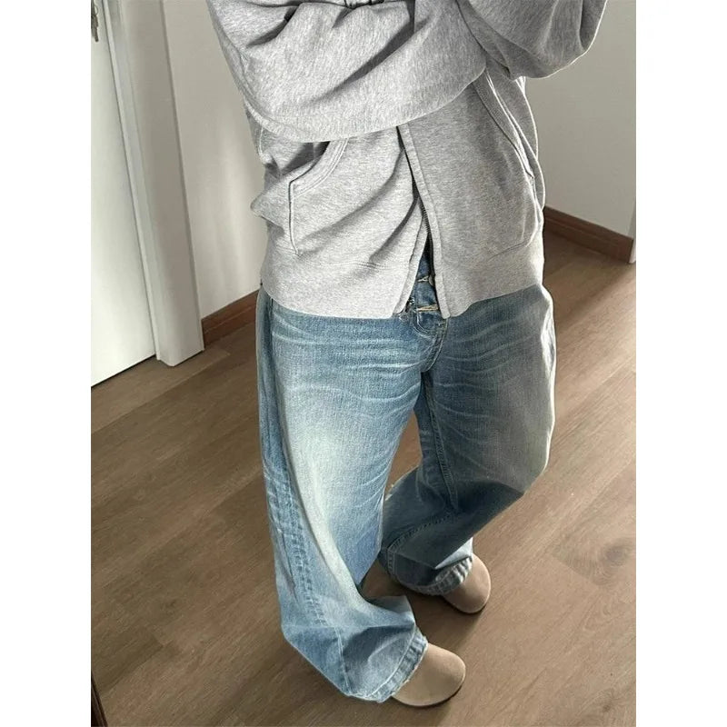 Straight Blue Jeans Woman Baggy High Waist Basic Denim Pants Korean Y2k Wide Leg Trousers
