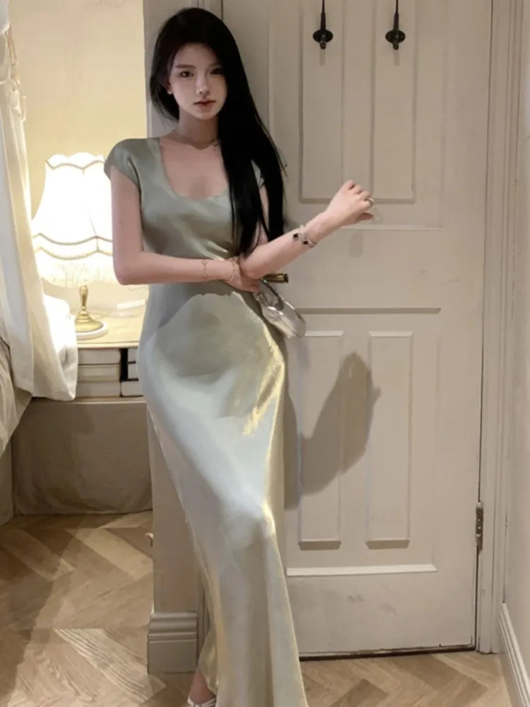 Bodycon Mermaid Midi Dress Summer Female Evening Party Maxi Dresses Short Sleeve Vestidos French Robe