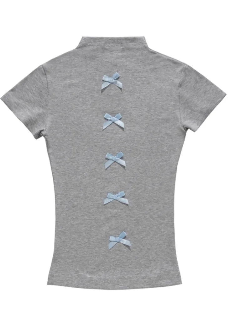 Bow Splicing Shortsleeved Tshirt Spring Summer New Base Shirt Slim Body Crop Top Korean Ropa De Mujer