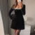 Rhinestone Decor Velvet Mini Dress Black Square Neck Long Sleeve High Waist A-line Dresses Lady Evening Party Gown