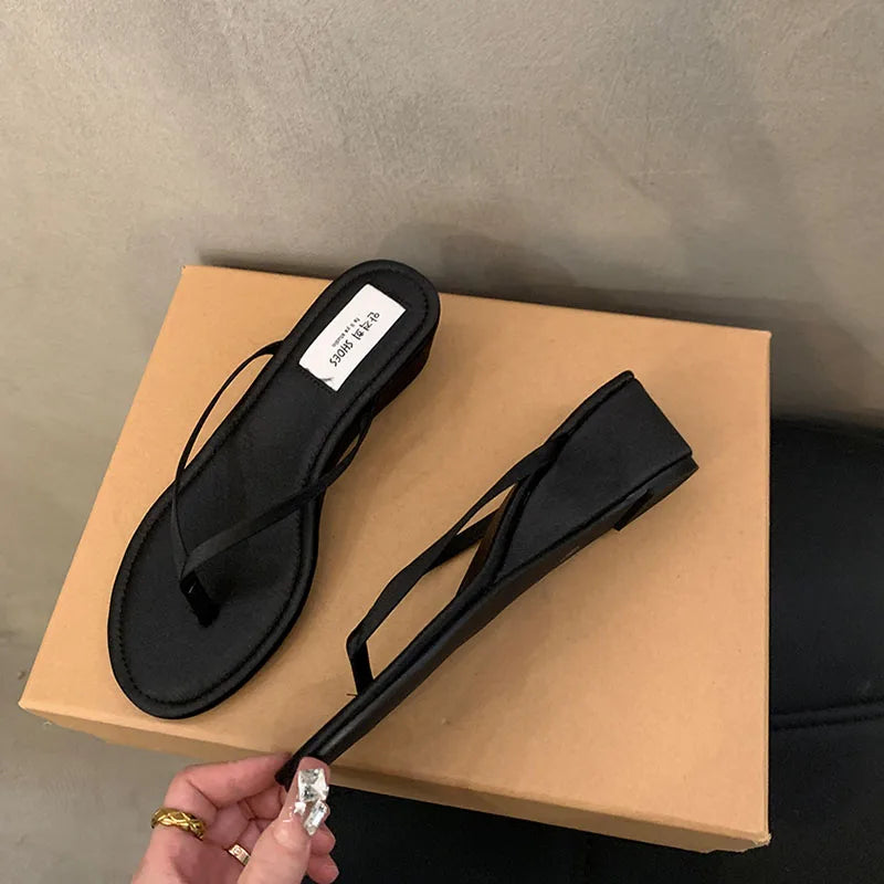 Summer New Slipper Narrow Band Slip on Flip on Shoes Low Wedge Heel Outdoor Dress Slides New Woman