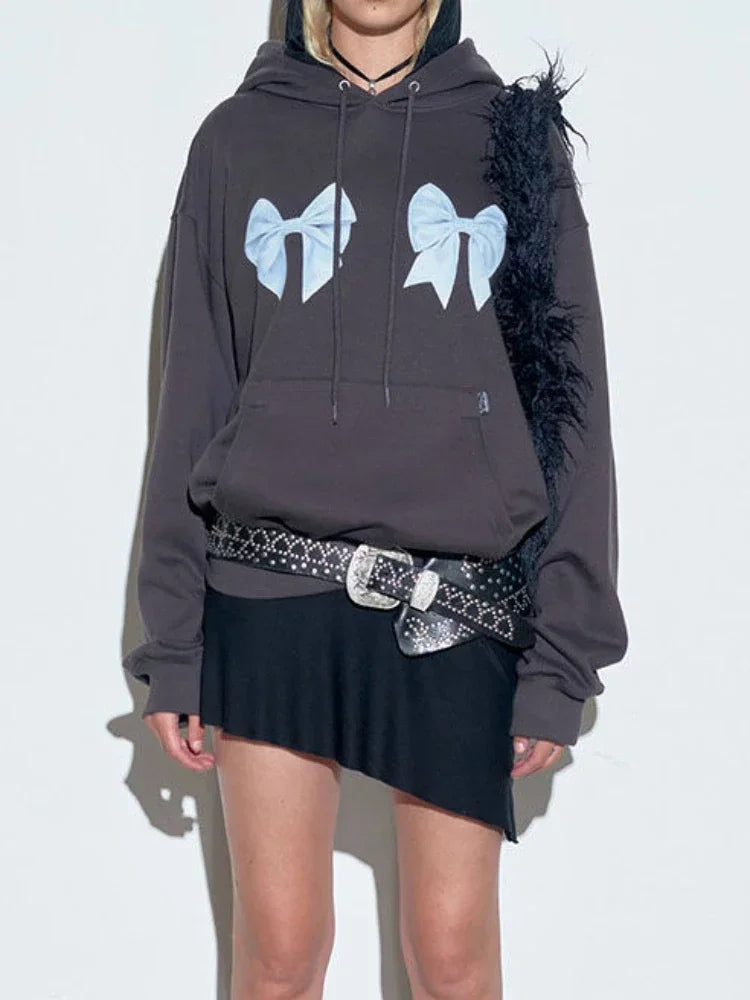 Kawaii Bow Print Hoodies Y2k Long Sleeve Sweatshirt Oversized Sweet Girl Causal Loose Autumn Winter Clothes Ins