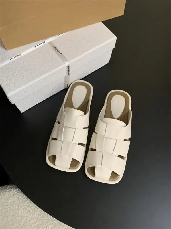 Slippers Summer Shoes Low Slides Cover Toe Pantofle Fretwork Heels Flat Rubber Pu Fabric Hoof Shoes Wo