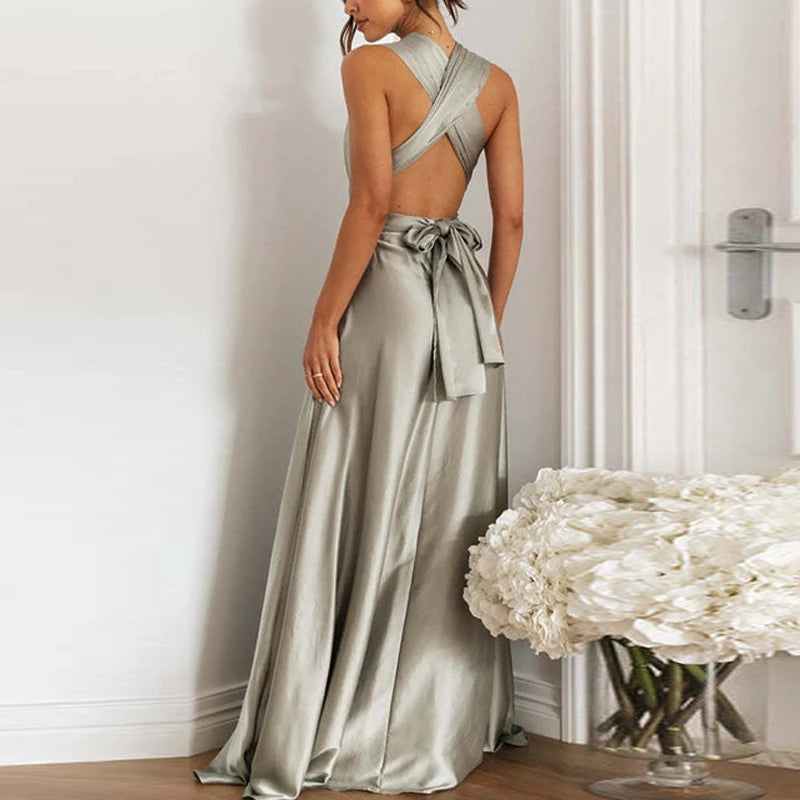 Off Shoulder High Waist Satin Long Dress Color V Neck Sleeveless Dress New Cross Backless Laceup Party Dress