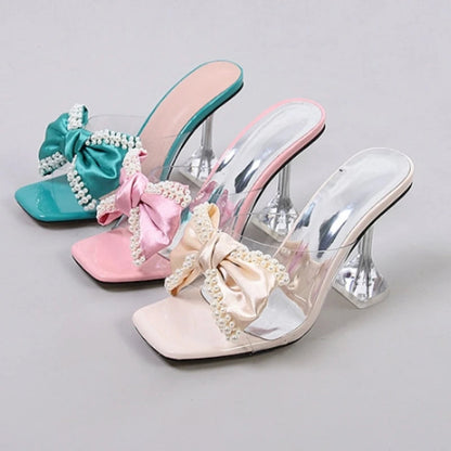 Pearl Bow Designer Slipper New Transparent Pvc High Heeled Sandals Non Slip Mule Shoes Pumps