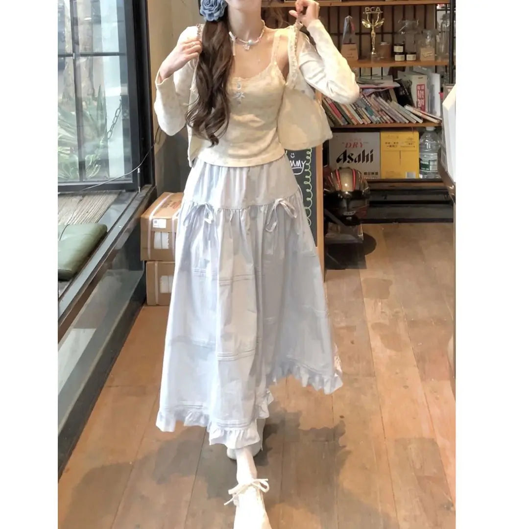 Japanese Kawaii 3 Piece Skirt Sets Lolita Crop Top Blouse + Midi Skirts Korean Suits 2000s