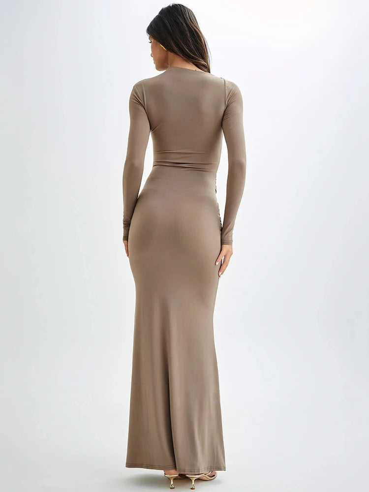 Diagonal Collar Long Sleeve Maxi Dress for Autumn Winter New High Waist Ruched Bodycon Long Dress