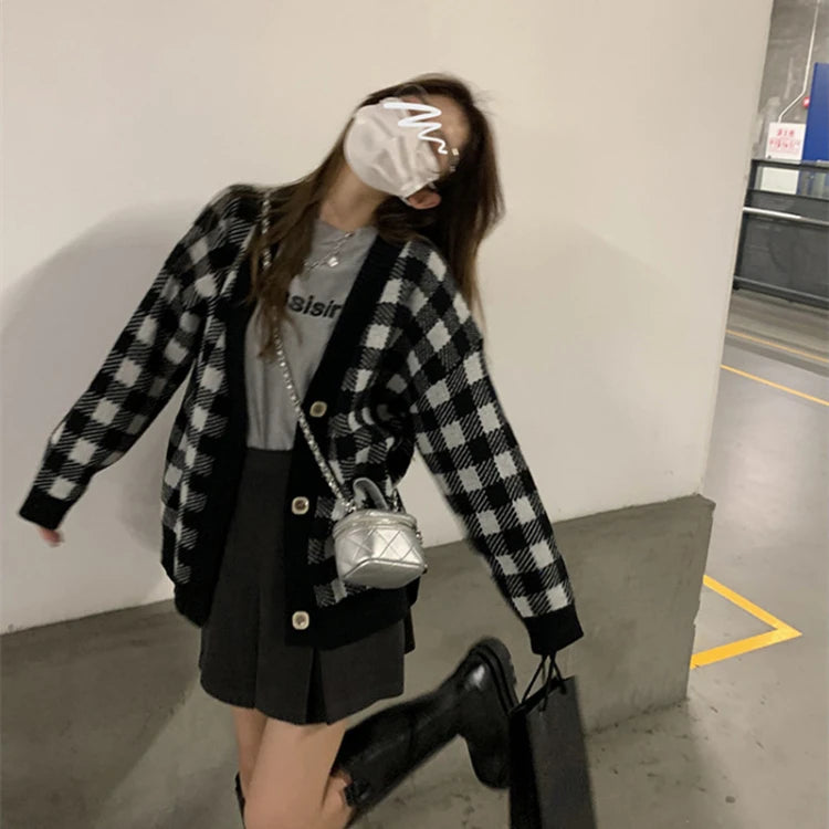 Harajuku Sweet Chessboard Grid Knitted Cardigan Autumn Loose Long Sleeve Sweater Y2k Grunge Single Breasted Cardigans