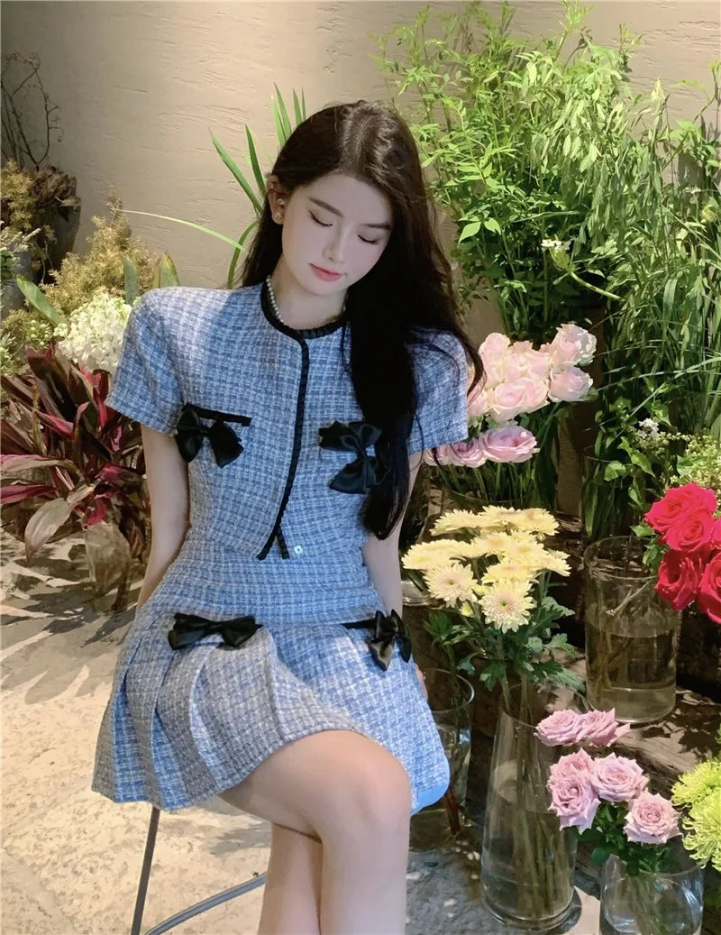 Sweet Hot Girl Suit Autumn Bow Slim Short Coat High Waist Aline Mini Skirt Twopiece Set Female Clothes