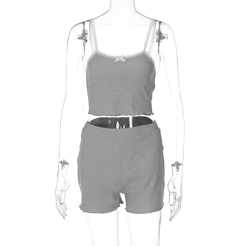 2 Pieces Sets Lace Trim Ribbed Tank Top and Shorts Woman Matching Set Clothing Summer Outfits Lounge Wear