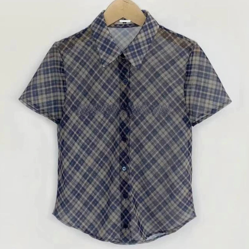Korean Contrast Color Plaid Shortsleeved Shirt Summer New Polo Collar Multibutton Seethrough Crop Tops