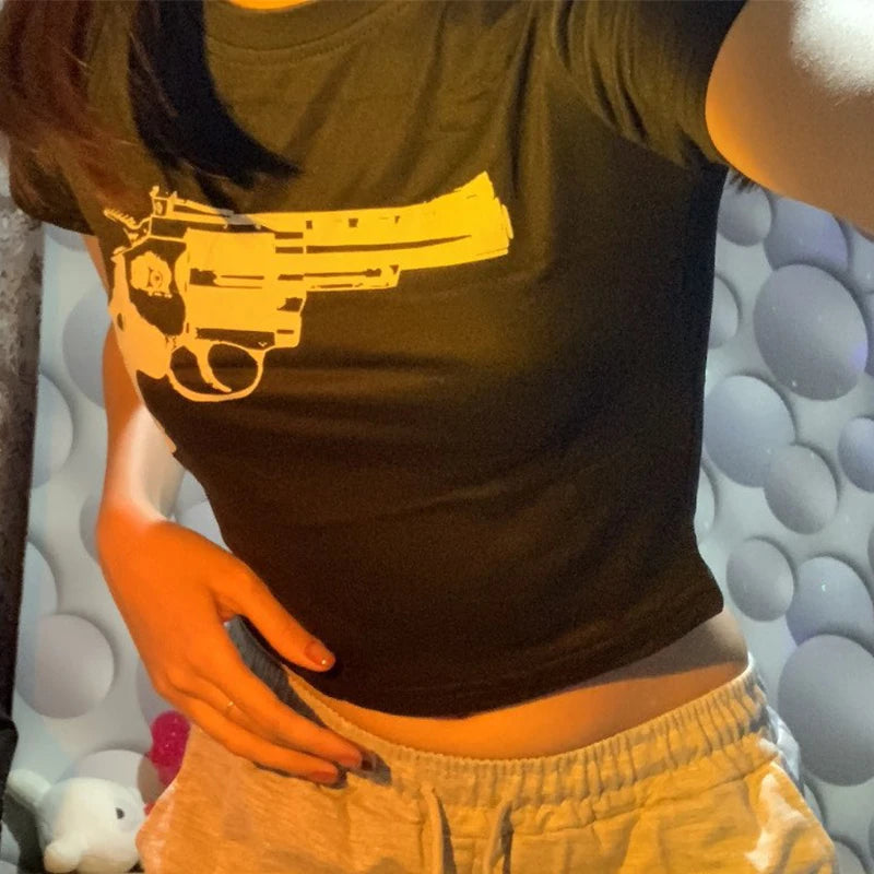 Y2k European and American Street ’s Pistol Funny Print Short Naked T-shirt Slim Fit Top